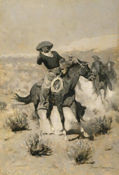 Frederic Remington, Days on the Range ("Hands Up!"), Oil on canvas, Image: 40 × 27in. (101.6 × 68.6cm); frame: 44 1/2 × 31 1/2 × 2 3/4in. (113 × 80 × 7cm), Courtesy of the Museum of Fine Arts, Houston, Texas; The Hogg Brothers Collection, gift of Miss Ima Hogg