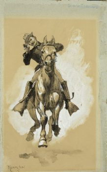 Frederic Remington, A Steady Goer, paper- pen and ink- ink wash, Framed: 20 7/8 × 17 1/2in. (53 × 44.5cm)
Sight: 11 1/2 × 7 1/8in. (29.2 × 18.1cm), Courtesy of the Buffalo Bill Center of the West, Cody, Wyoming, Gift in memory of Dorothy "Lambie" Holsapple