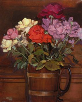 Clarice Smith, Roses in a Wooden Tankard, Oil on canvas, Image: 20 × 16in. (50.8 × 40.6cm); frame: 28 × 24 × 2in. (71.1 × 61 × 5.1cm), Clarice Smith Collection, Courtesy of David Bruce Smith, President, Grateful American Foundation