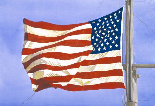 Barbara Ernst Prey, Gallantly Streaming, Watercolor on paper, Unframed: 27 × 39in. (68.6 × 99.1cm)
Framed: 43 × 53in. (109.2 × 134.6cm), Courtesy of the artist, Oyster Bay, New York