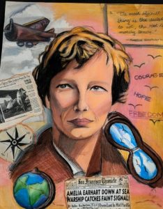 Aadya Janesh West Region, California, Middle School Hero: Amelia Earhart Her Sky, Her Story Mixed media on paper