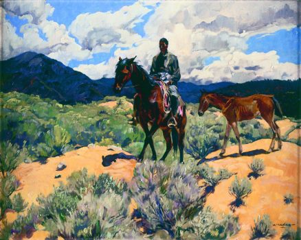 Walter Ufer, Indian on Horseback with Colt, Oil on canvas, framed: 21 1/2 x 25 1/2in. (54.6 x 64.8cm); unframed: 16 x 20in. (40.6 x 50.8cm), Courtesy of Fred Jones Jr. Museum of Art, The University of Oklahoma, Norman; Purchase, Richard H. and Adeline J. Fleischaker Collection, 1996