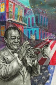 Sarang Lee Northeast Region, New Jersey, Middle School Hero: Louis Armstrong The Sound That Became America Charcoal and pastel on paper