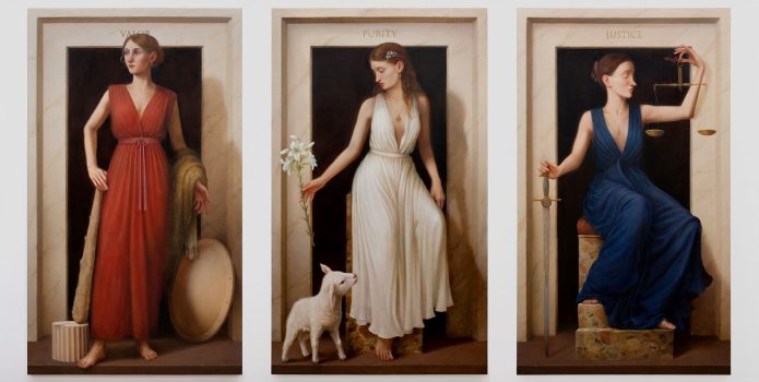 Pablo Barba, Valor, Purity, Justice (Old Glory), Oil on canvas (triptych), Each panel: 60 × 35in. (152.4 × 88.9cm)
Overall (approx.): 60 × 105in. (152.4 × 266.7cm), Courtesy of the artist, New York, New York