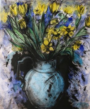 Jim Dine, Blue Vase, Yellow Flowers, Etching, photogravure, monotype, and hand painting, 34 x 25 1/2 in. (86.4 x 64.8 cm) image, Courtesy of the Foundation for Art and Preservation in Embassies to Art in Embassies, Washington, D.C.