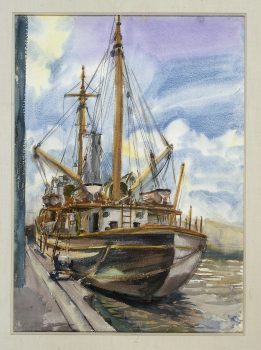 Reginald Marsh, Boat at Dock, Watercolor, Overall: 43 x 34 1/2 x 2 in. (109.2 x 87.6 x 5.1 cm), Collection of Art in Embassies, Washington, D.C.; Gift of William Benton