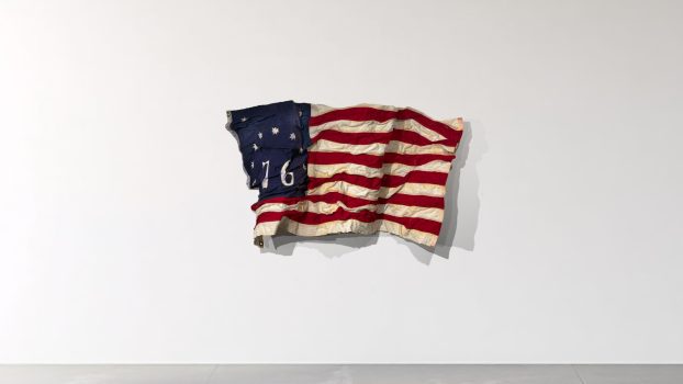Brandon Ralph, The Pursuit of Happiness 1776, Vintage American flag, steel wire, papier-mâché, Overall: 25 × 43 × 11in. (63.5 × 109.2 × 27.9cm), Courtesy of the artist, Water Mill, New York