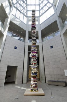 Marie Watt, Blanket Stories: Textile Society, R.R. Stewart, Ancient One, Reclaimed wool blankets, cotton quilts, synthetic afghans, Pakistani blankets, cedar and structurally engineered steel for interior support, 1.7 ft x 1.7 ft x 34 ft
Approx weight: 2500 lbs,