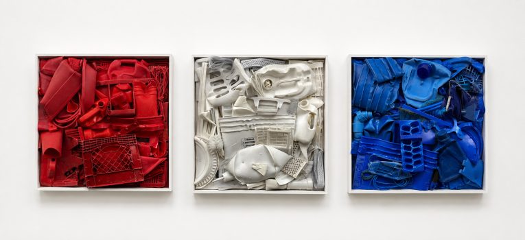 Freedom 250, RAIR, Bale Triptych (Red, White, Blue), Waste plastics, 3 pieces each measuring: 30 × 30 × 2 1/2in. (76.2 × 76.2 × 6.4cm), Courtesy of RAIR (Recycled Artist in Residency), Philadelphia, Pennsylvania. This work has been made possible with the generous support of The Tuttleman Foundation.