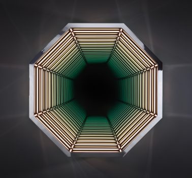 Anthony James, 40" Wall Portal (Mirror Polished Stainless Steel), Stainless steel, specialized glass, LED lighting, Overall: 40 × 40in. (101.6 × 101.6cm), Courtesy of the artist, Vernon, Califormia